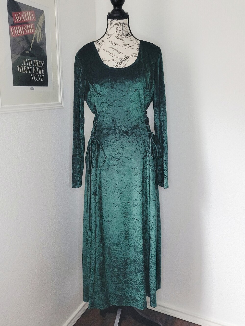 Vintage Crushed Velvet Emerald Green Maxi Dress Whimsygoth Lace Up Size Large